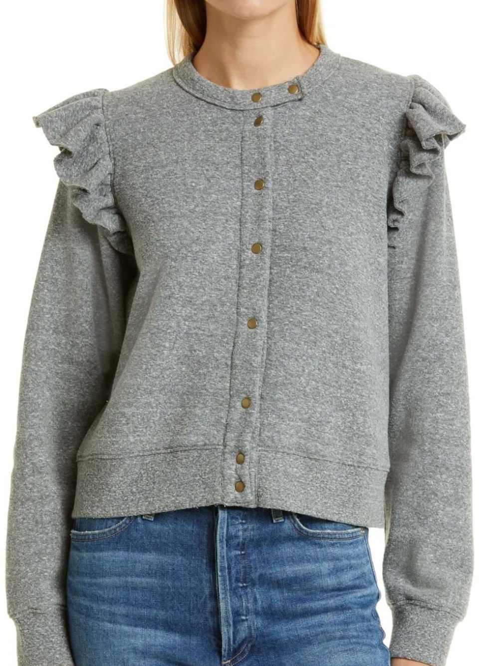 Clare V Gray Le Snap Ruffle-Shoulder Snap-Front Crew Sweater